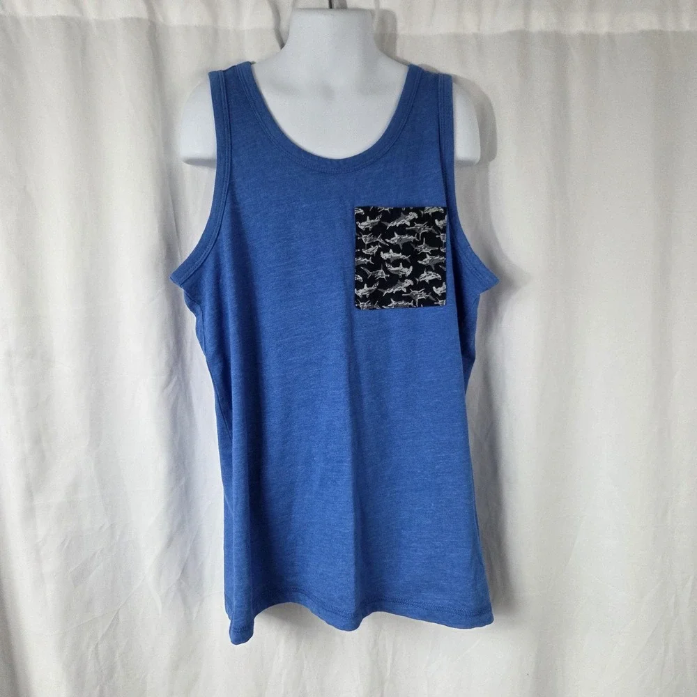 Old Navy Tank Top Boys Large 10-12 Blue Shark Pocket Tagless Jersey Sleeveless